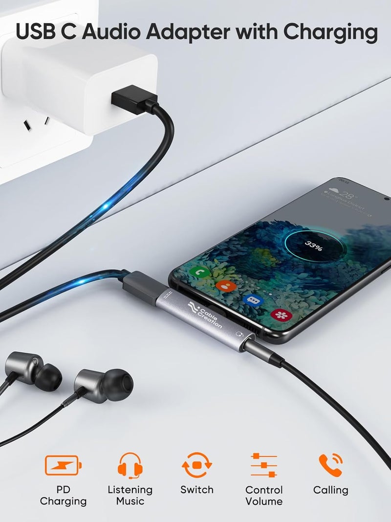 CableCreation محول USB C إلى 3.5 مم لسماعات الرأس والشاحن، 2 في 1 نوع-C إلى 3.5 مم صوت عالي الدقة مع شحن سريع PD، USB C إلى Aux مع دنجيل شحن لهاتف iPhone 16 15 Pro Max، Galaxy 24+، Pixel، iPad - Image 2